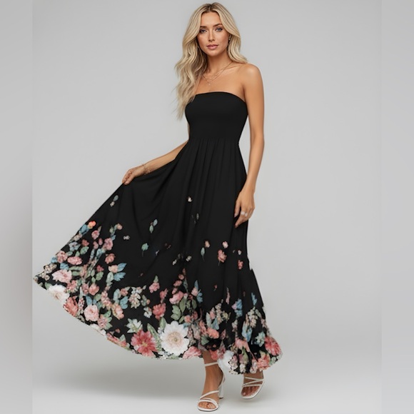 Dresses & Skirts - Black Floral Print A- Line Tube Dress